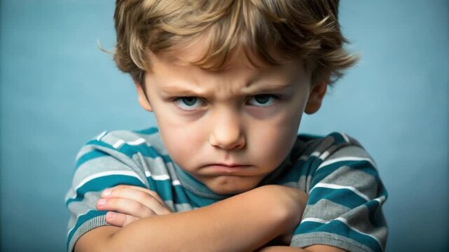 Angry boy crossing arms with upset expression against blue background