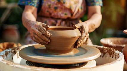 Artistic hands mould clay pottery on a potter's wheel, demonstrating craftsmanship and tradition — the perfect atmospheric backdrop for articles on folk crafts and creativity.
