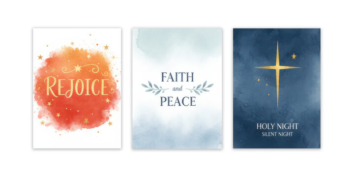 Holiday-themed cards with watercolor backgrounds and elegant typography