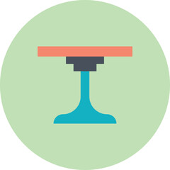 Flat Design Illustration of a Round Table with a Teal Pedestal Base and Coral Top on a Light Green Circle Background Simple Furniture Icon