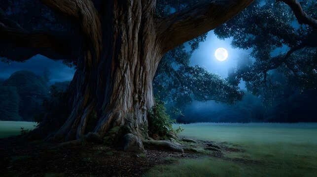 Majestic ancient tree illuminated by a bright full moon on a serene misty night