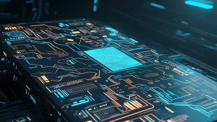 High-tech close-up of a futuristic microchip and circuit board. Glowing blue and orange lines highlight advanced technology, innovation, and digital data processing in modern electronics. - Powered by Adobe