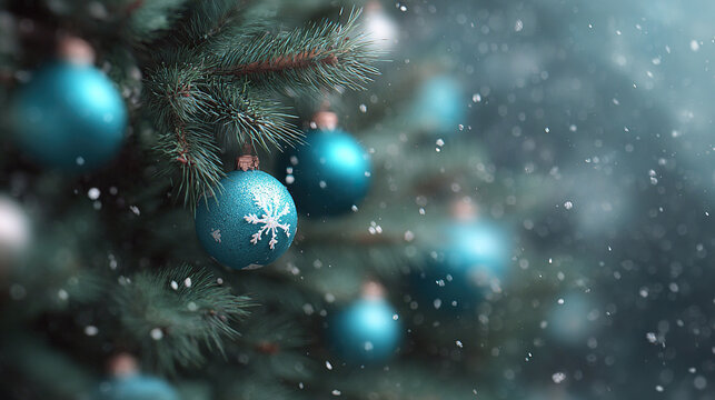 Christmas magic unfolds with teal ornaments adorned with snowflakes gracefully adorning lush, snow-kissed pine branches. Winter bliss.