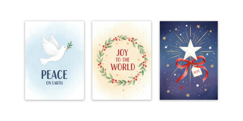 Holiday-themed cards with peace, joy, and hope designs