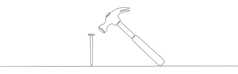 A continuous one-line drawing of a hammer striking a nail, representing construction, work, and precision