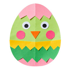 Colorful paper chick Easter egg craft with eyes and cheerful expression, isolated  