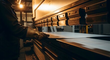 A metalworker in protective gloves feeds a sheet of metal into a large industrial press brake machine in a factory setting.