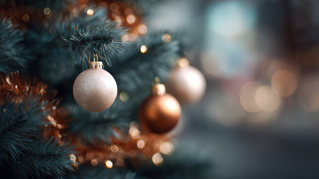 Festive Holiday: Ornamented Christmas Tree Branch with Sparkling Decorative Baubles, Radiating Warmth and Cheer. A Cozy Seasonal Theme