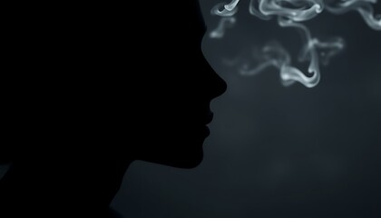 Fototapeta premium Profile silhouette of a woman with smoke rising from her head against a dark background female