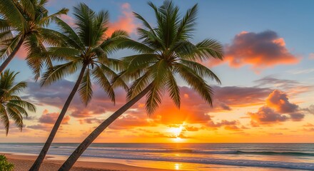 Golden hour on tropical beach with palm trees and ocean waves