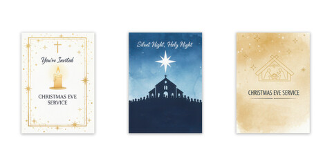 Trio of Christmas Eve service invitations with religious and festive themes