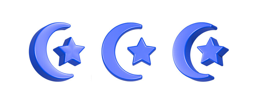 crescent moon and star 3d rendering icon in blue color