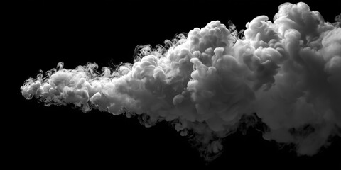 A large, fluffy white cloud smoke plume trails across jet-black background, showcasing texture, volume, and dramatic contrast. Ideal for weather, sky, nature, or atmosphere themed projects.