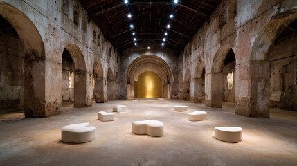 Interior of an old, weathered building with arched columns and a golden alcove. White seating scatters on a concrete floor, lights adorn above.