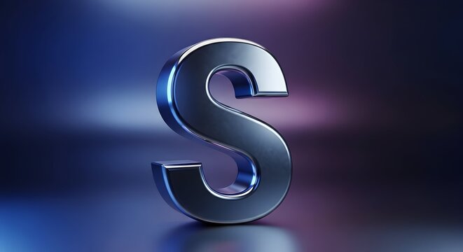 Futuristic Chrome Letter S with Neon Lighting: 3D Render of a Sleek Metallic Capital S Against a Dark Blue and Purple Background