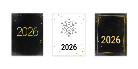 Elegant New Year 2026 designs with gold accents on dark and white backgrounds