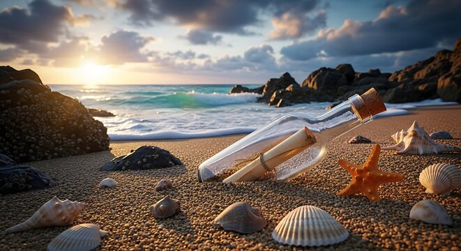 Message in a bottle washes ashore on a rocky beach at sunset with seashells scattered around
