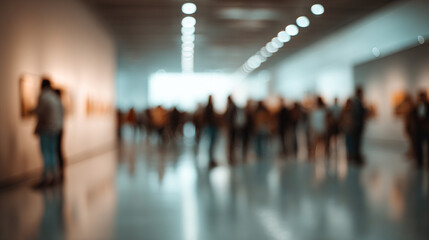 Blurred museum visitors appreciate art. A serene ambiance with soft lighting creates an immersive experience. Art and culture intertwine seamlessly.