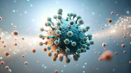 Abstract virus particle in 3D style with floating cells - Powered by Adobe