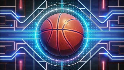 Glowing basketball in futuristic neon digital background - Powered by Adobe