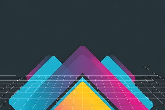 Neon geometric patterns form a colorful cube suspended over a wireframe terrain, blending retro aesthetics with modern digital abstract design elements beautifully. - Powered by Adobe