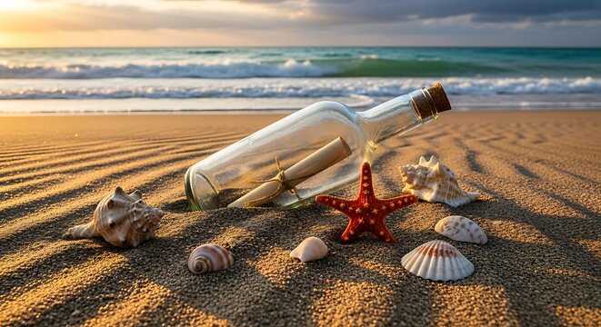 Message in a bottle with seashells and starfish on a sandy beach at sunset