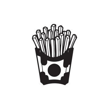 french fries vector illustration. French Fries Icon, Simple Black Glyph. Fried Potato Sticks in a Box, Vector Illustration for Fast Food Restaurant Menu or Takeaway Logo.
