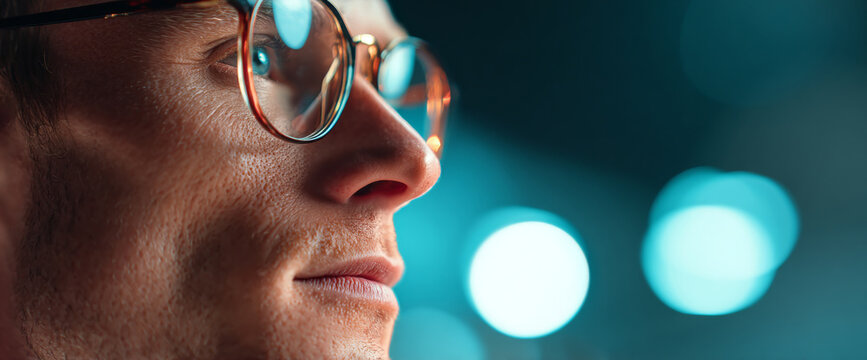 Close-up profile of a man wearing glasses with reflective lenses against a blurred blue bokeh background