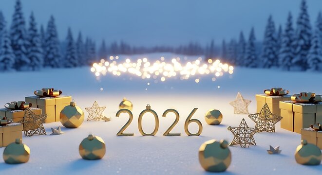 Golden 2026 new year celebration with festive gifts in a snowy winter wonderland - Powered by Adobe