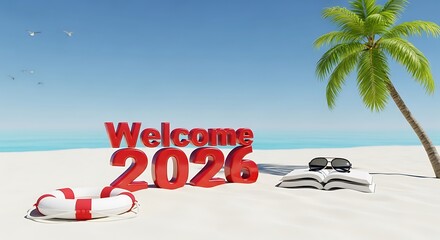 Welcome 2026 on a tropical beach with a palm tree and beach accessories