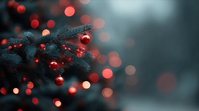 Festive holiday spirit with illuminated pine branch adorned with red ornaments, creating a cozy, celebratory atmosphere. - Powered by Adobe