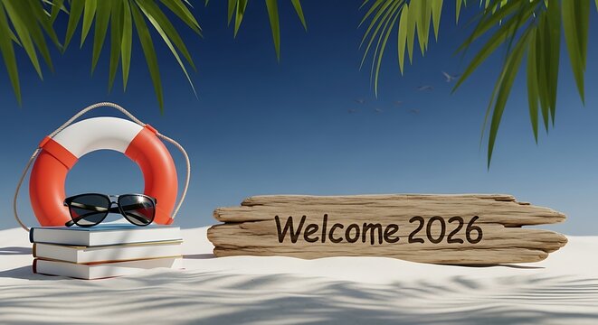 Welcome 2026 tropical beach scene with life ring and sunglasses on sand - Powered by Adobe