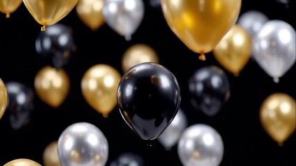 Animated balloons rising in festive ascent. Gold silver and black balloons floating upwards for celebration events and party decorations video footage video footage
