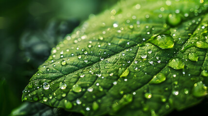 Close-up of a fresh green leaf covered with morning