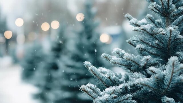 Snowy path through fir trees with twinkling lights. Animated winter forest scene for holiday atmosphere and festive concept. video footage video footage