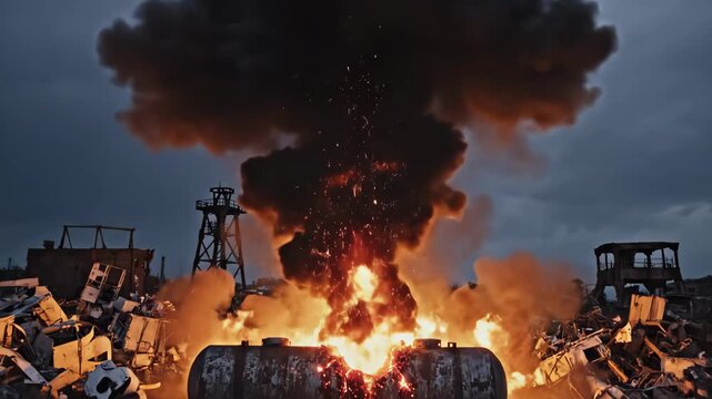Large explosion and smoke rising from industrial area at dusk  