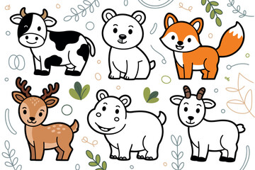 Fototapeta premium A charming collection of cute, cartoon farm and wild animals, including a cow, fox, deer, bear, goat, and hippopotamus, set against a whimsical botanical background.