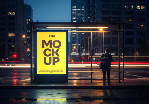 Evening City scene bus stop poster mockup