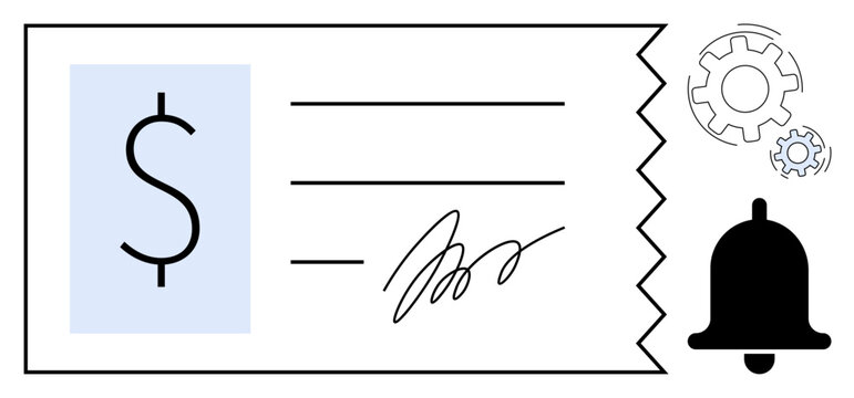 Financial check featuring signature and dollar sign, alert bell for notifications, and gear wheels for settings. Ideal for finance, payment reminder, transaction, service optimization, notification
