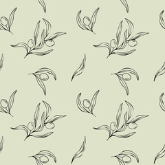 Seamless pattern of olive branch with berries and leaves. Hand drawn line art illustration. Olive color background with the symbol of Italy or Greek. Outline print for fabric, textile, wallpaper