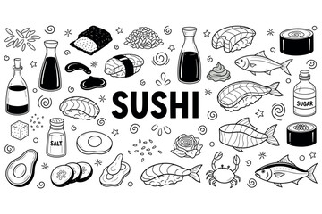 Black and white sushi ingredients and dishes illustration with fish, rice, and sauce bottles
