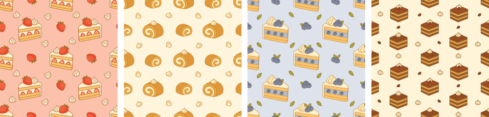 Cute dessert cake pattern collection with hand drawn bakery sweets