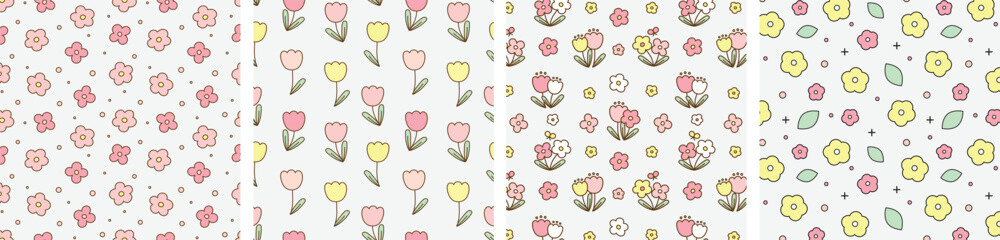 Cute cartoon flower pattern collection with playful spring blossoms