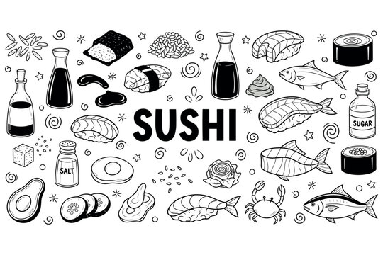 Black and white sushi ingredients and dishes illustration with fish, rice, and sauce bottles
