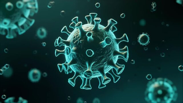 Microscopic view of a contagious virus particle with glowing structures, illustrating the threat of infectious disease and pandemic