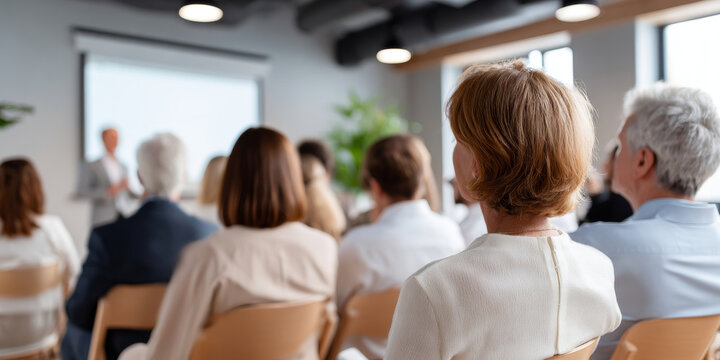 Audience of diverse adults attentively listening to a speaker during a seminar or workshop in a modern conference room setting