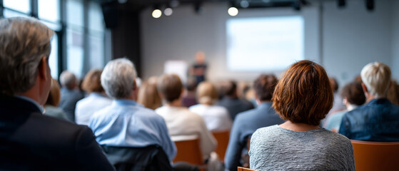 Audience attending a seminar or conference in a modern meeting room with a speaker presenting in front of a projection screen