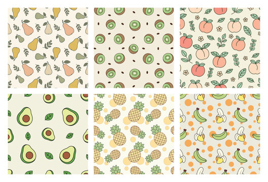 Cute fruit pattern collection with pears kiwi peach avocado pineapple banana hand drawn tropical illustrations