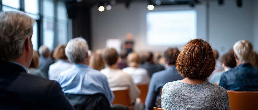 Audience attending a seminar or conference in a modern meeting room with a speaker presenting in front of a projection screen