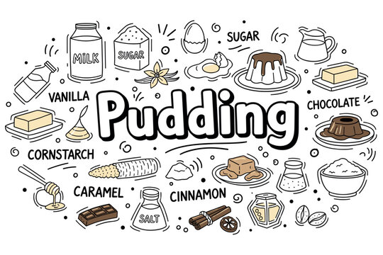 Ingredients and flavors of delicious pudding: vanilla, chocolate, caramel